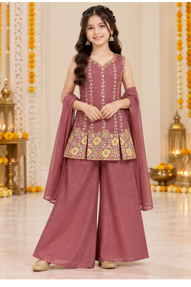Wine maroon floral embroidered organza kurti palazzo set with dupatta for girls 1