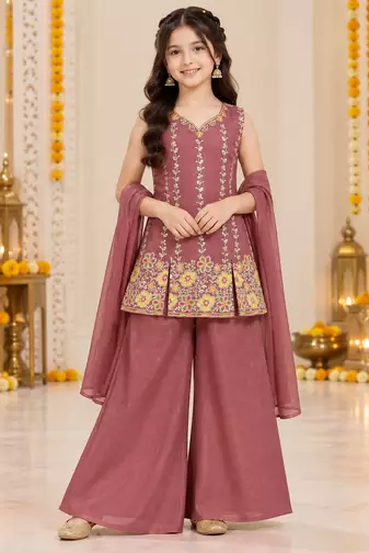 Wine maroon floral embroidered organza kurti palazzo set with dupatta for girls