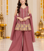 Wine maroon floral embroidered organza kurti palazzo set with dupatta for girls