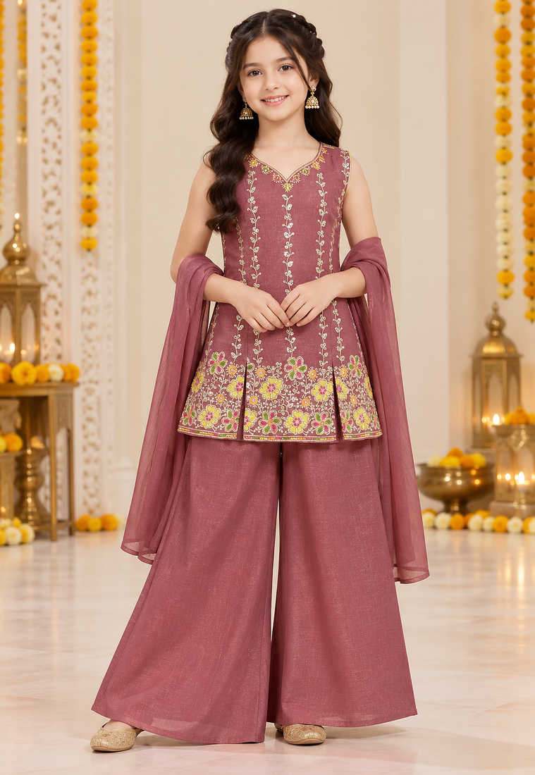 Wine maroon floral embroidered organza kurti palazzo set with dupatta for girls