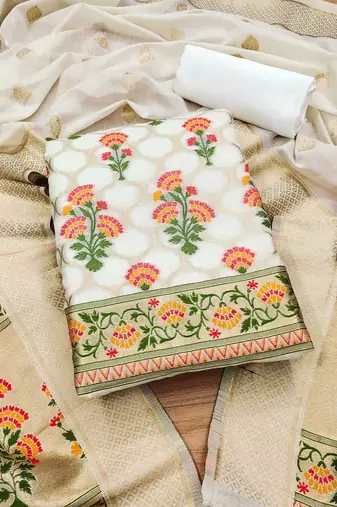 Floral Printed With Zari Cotton Silk Unstitched Dress Material