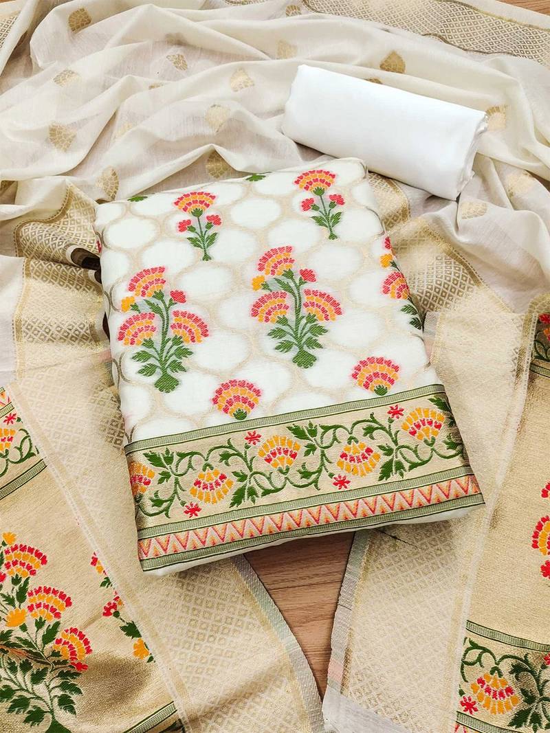 Floral Printed With Zari Cotton Silk Unstitched Dress Material