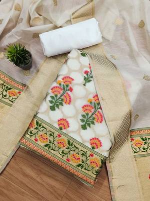 Floral Printed With Zari Cotton Silk Unstitched Dress Material 2