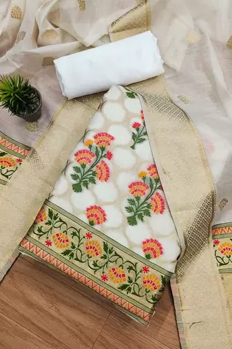 Floral Printed With Zari Cotton Silk Unstitched Dress Material