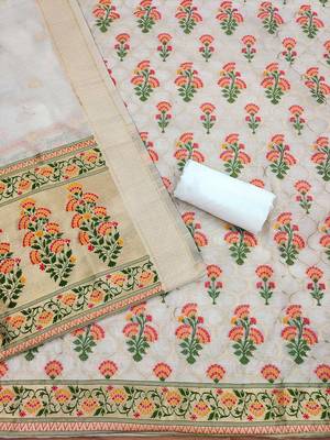 Floral Printed With Zari Cotton Silk Unstitched Dress Material 3