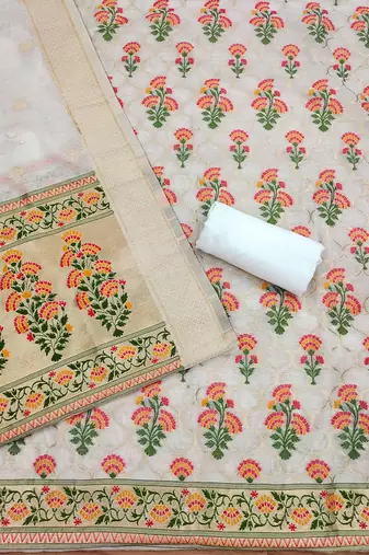 Floral Printed With Zari Cotton Silk Unstitched Dress Material