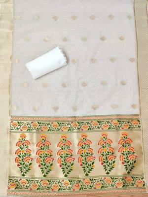 Floral Printed With Zari Cotton Silk Unstitched Dress Material 4