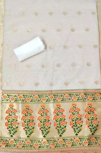 Floral Printed With Zari Cotton Silk Unstitched Dress Material