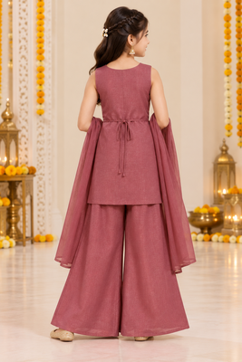 Wine maroon floral embroidered organza kurti palazzo set with dupatta for girls 2