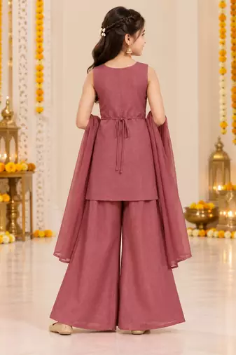 Wine maroon floral embroidered organza kurti palazzo set with dupatta for girls