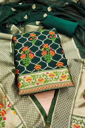 Floral Printed With Zari Cotton Silk Unstitched Dress Material