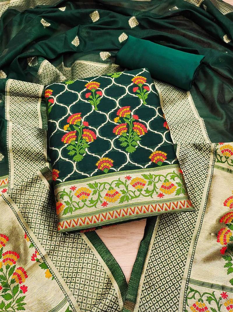 Floral Printed With Zari Cotton Silk Unstitched Dress Material