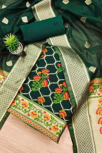 Floral Printed With Zari Cotton Silk Unstitched Dress Material