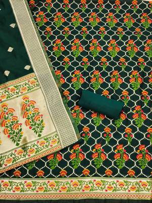 Floral Printed With Zari Cotton Silk Unstitched Dress Material 3
