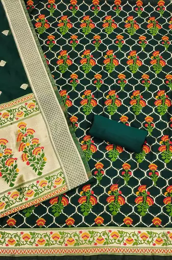 Floral Printed With Zari Cotton Silk Unstitched Dress Material