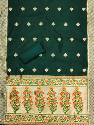 Floral Printed With Zari Cotton Silk Unstitched Dress Material 4