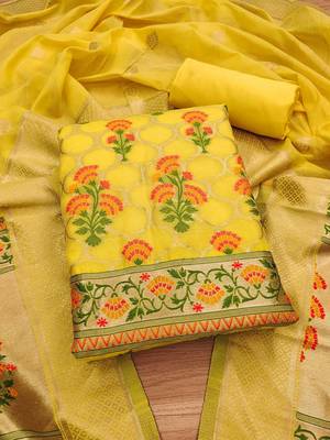 Floral Printed With Zari Cotton Silk Unstitched Dress Material 1