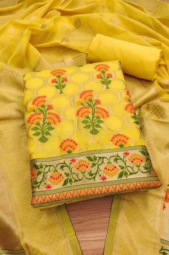 floral printed with zari cotton silk unstitched dress material