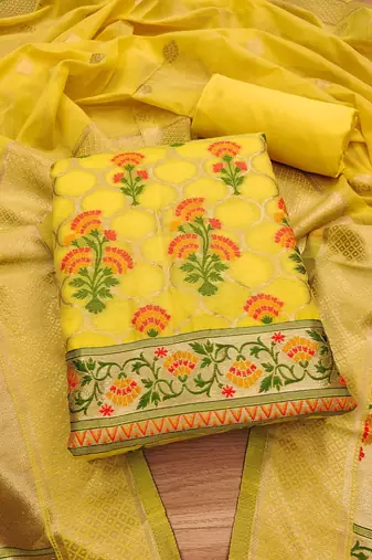 Floral Printed With Zari Cotton Silk Unstitched Dress Material