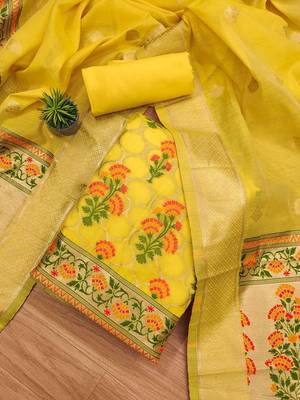 Floral Printed With Zari Cotton Silk Unstitched Dress Material 2