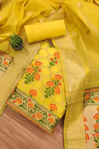 Floral Printed With Zari Cotton Silk Unstitched Dress Material