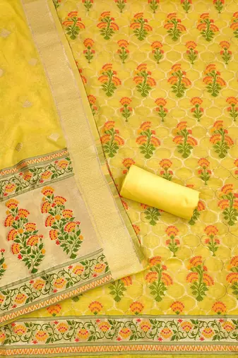 Floral Printed With Zari Cotton Silk Unstitched Dress Material