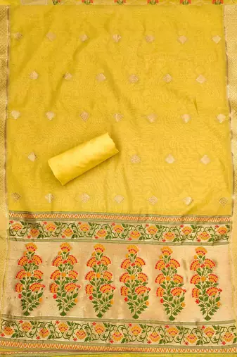 Floral Printed With Zari Cotton Silk Unstitched Dress Material