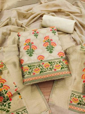 Floral Printed With Zari Cotton Silk Unstitched Dress Material 1