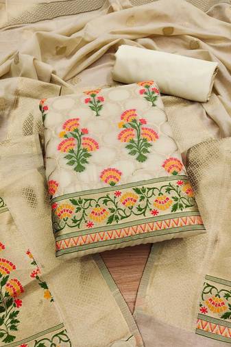 floral printed with zari cotton silk unstitched dress material