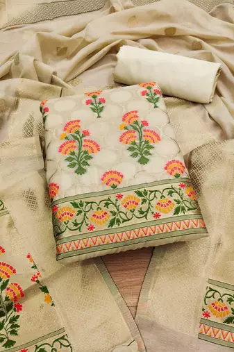 Floral Printed With Zari Cotton Silk Unstitched Dress Material