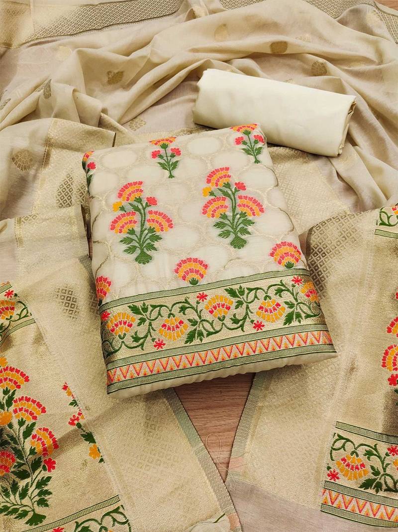 Floral Printed With Zari Cotton Silk Unstitched Dress Material