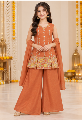 Rust brown floral embroidered organza kurti palazzo set with dupatta for girls 1