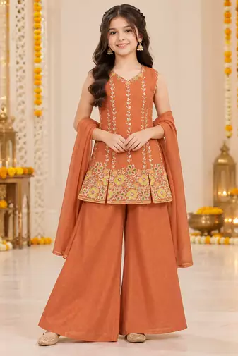Rust brown floral embroidered organza kurti palazzo set with dupatta for girls