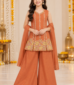 Rust brown floral embroidered organza kurti palazzo set with dupatta for girls