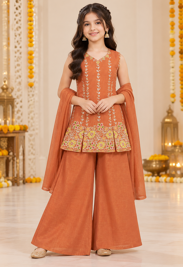Rust brown floral embroidered organza kurti palazzo set with dupatta for girls