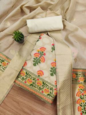 Floral Printed With Zari Cotton Silk Unstitched Dress Material 2