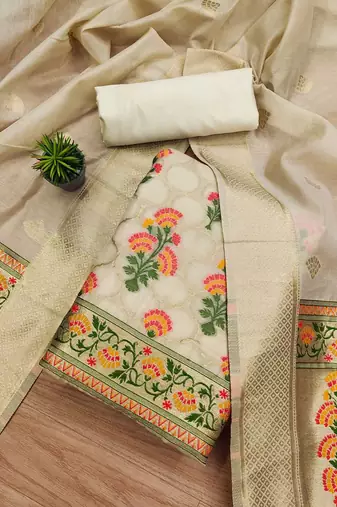 Floral Printed With Zari Cotton Silk Unstitched Dress Material