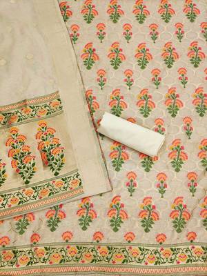 Floral Printed With Zari Cotton Silk Unstitched Dress Material 3