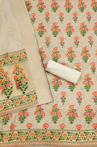 Floral Printed With Zari Cotton Silk Unstitched Dress Material
