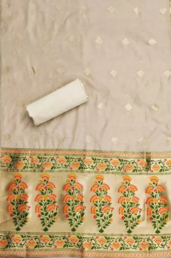 Floral Printed With Zari Cotton Silk Unstitched Dress Material