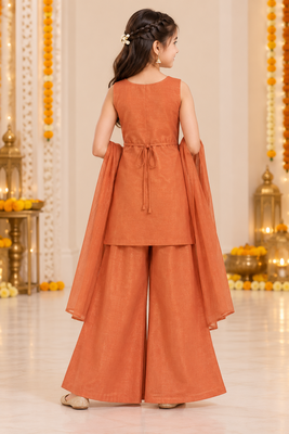 Rust brown floral embroidered organza kurti palazzo set with dupatta for girls 2
