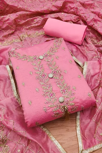 Embroidered Art Silk Unstitched Dress Material