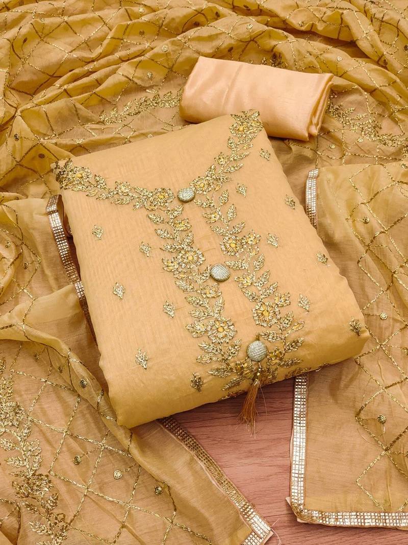 Embroidered Art Silk Unstitched Dress Material