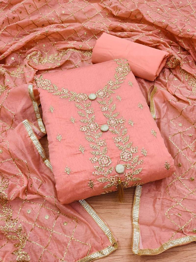 Embroidered Art Silk Unstitched Dress Material