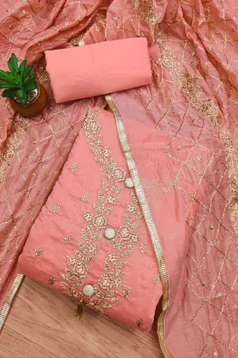Embroidered Art Silk Unstitched Dress Material
