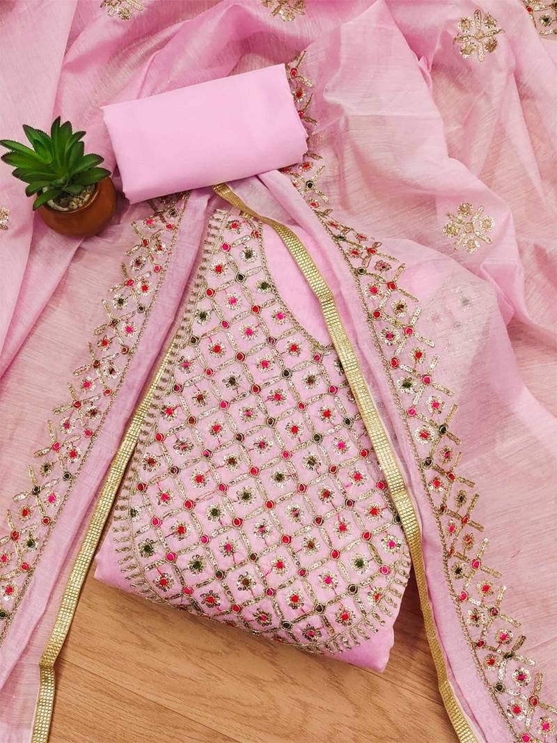 Embroidered Art Silk Unstitched Dress Material