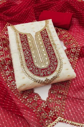 ethnic motifs embroidered sequinned chanderi butti silk unstitched dress material