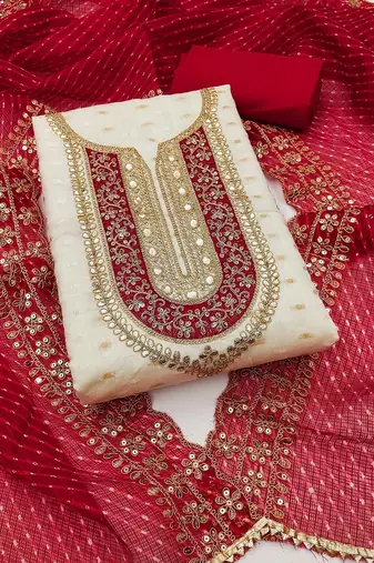 Ethnic Motifs Embroidered Sequinned Chanderi Butti Silk Unstitched Dress Material