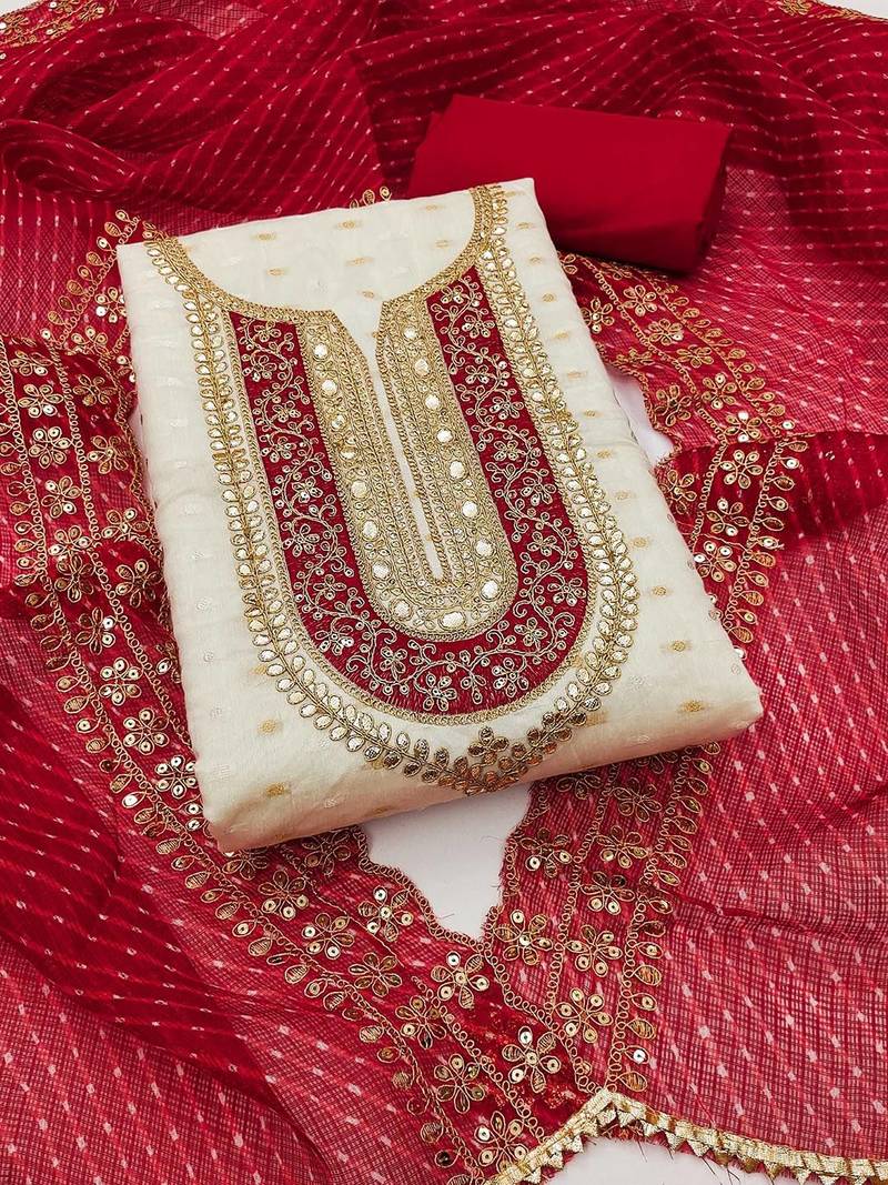 Ethnic Motifs Embroidered Sequinned Chanderi Butti Silk Unstitched Dress Material