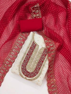 Ethnic Motifs Embroidered Sequinned Chanderi Butti Silk Unstitched Dress Material 2